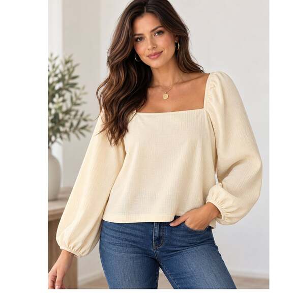 Madewell Tops - Madewell NWT Cream Textured Square Neck Puff Sleeve Blouse XL Romantic Boho